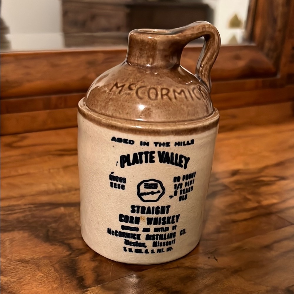 Vintage 70s McCormick Platte Valley Straight Corn Whiskey 1/2 Pint Stoneware Jug